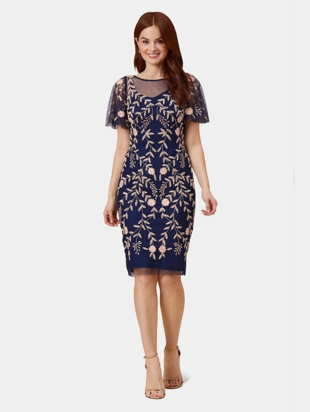 Adrianna Papell Navy Dress with Blush Floral Embroidery